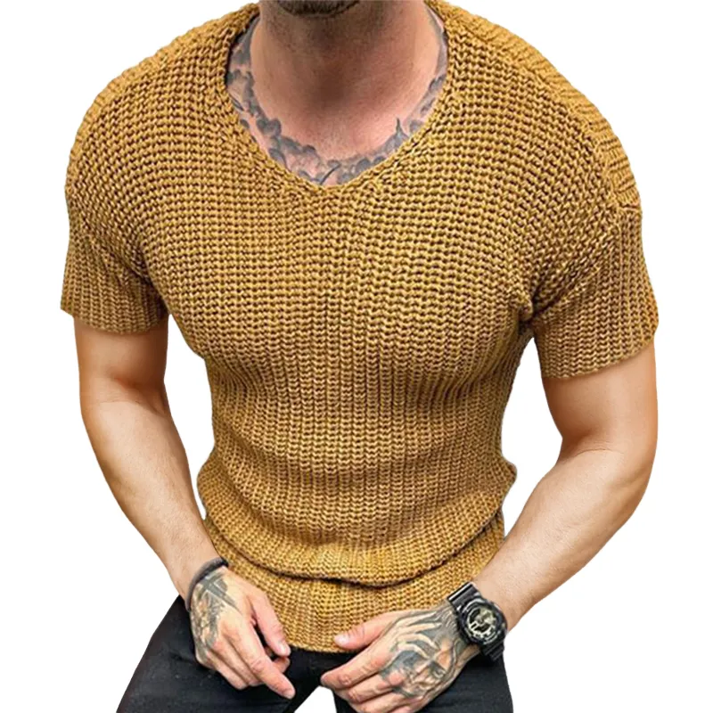 Men's Retro Casual Solid Color V-Neck Knitted Short Sleeve T-Shirt MTA0440G9TO sold by Manly