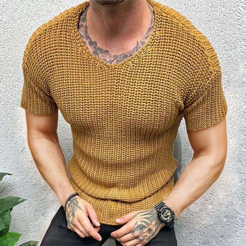 Men's Retro Casual Solid Color V-Neck Knitted Short Sleeve T-Shirt MTA0440G9TO sold by Manly product image thumbnail 2
