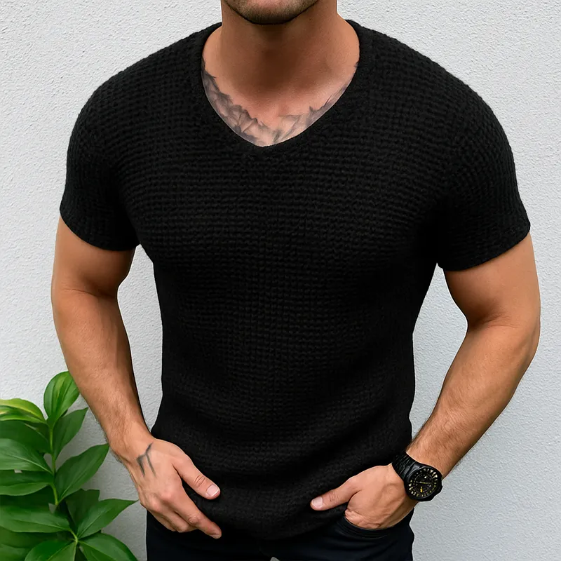 Men's Retro Casual Solid Color V-Neck Knitted Short Sleeve T-Shirt MTA0440G9TO sold by Manly product image thumbnail 3
