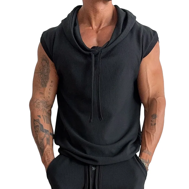 Men's Cotton Vintage Solid Drawstring Hoodie Tank Top MTA0401G3TO sold by Manly