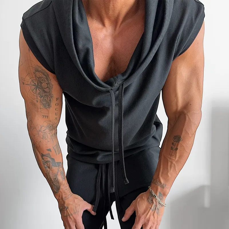 Men's Cotton Vintage Solid Drawstring Hoodie Tank Top MTA0401G3TO sold by Manly product image thumbnail 3
