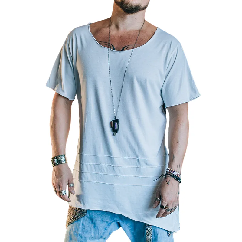 Men's Cotton Vintage Pleated Irregular Round Neck Short-sleeved T-shirt MTA0460G4TO sold by Manly
