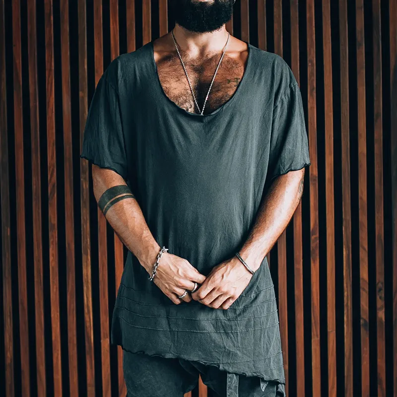 Men's Cotton Vintage Pleated Irregular Round Neck Short-sleeved T-shirt MTA0460G4TO sold by Manly product image thumbnail 3