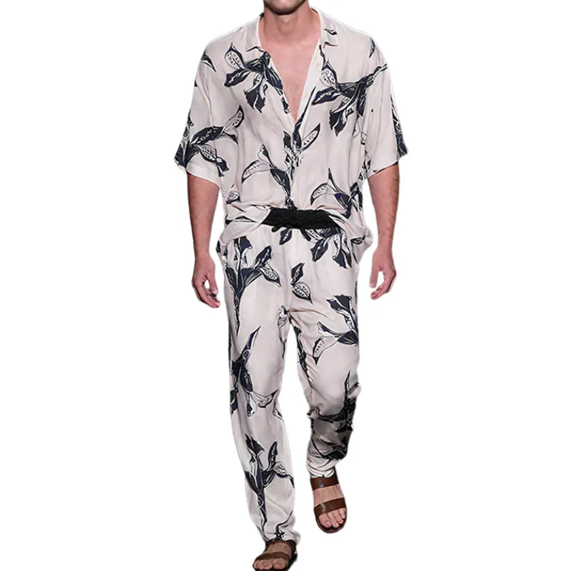 Men's Spring And Summer Fashion Casual Satin Printed Short Sleeve Shirt Elastic Waist Pants Set MTA0494G0K sold by Manly