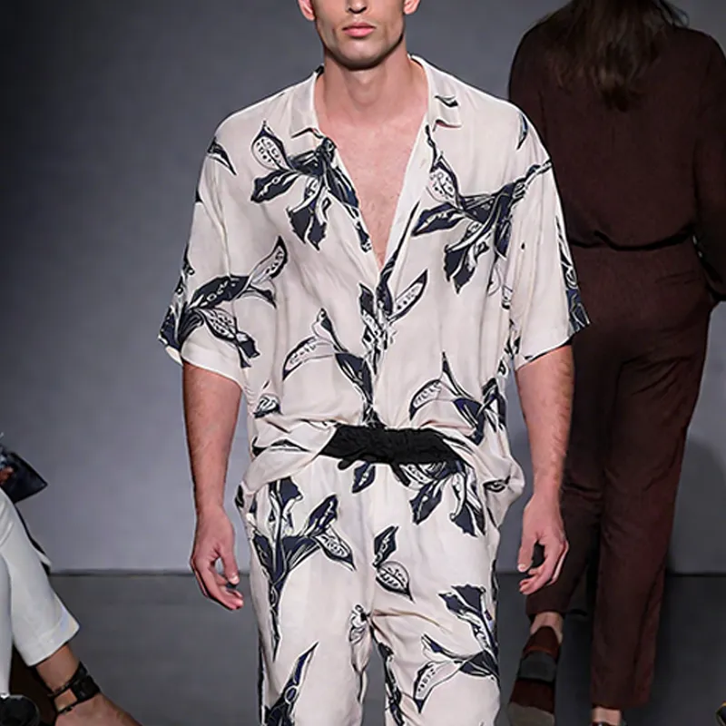 Men's Spring And Summer Fashion Casual Satin Printed Short Sleeve Shirt Elastic Waist Pants Set MTA0494G0K sold by Manly product image thumbnail 3