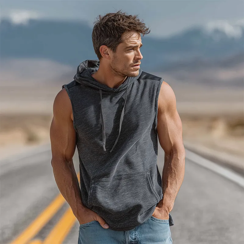 Men's Spring And Summer Fashion Casual Cotton Blend Shoulder Stitching Pu Leather Hooded Tank Top MTA0436G6K sold by Manly product image thumbnail 3