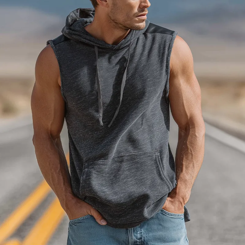 Men's Spring And Summer Fashion Casual Cotton Blend Shoulder Stitching Pu Leather Hooded Tank Top MTA0436G6K sold by Manly product image thumbnail 2