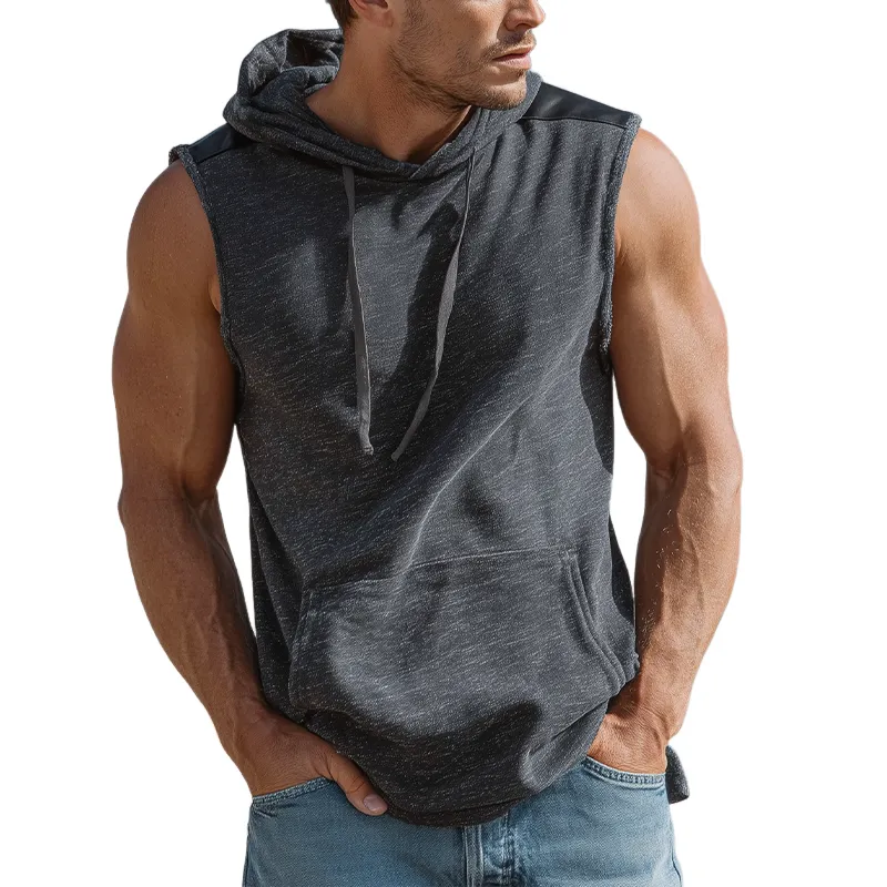 Men's Spring And Summer Fashion Casual Cotton Blend Shoulder Stitching Pu Leather Hooded Tank Top MTA0436G6K sold by Manly