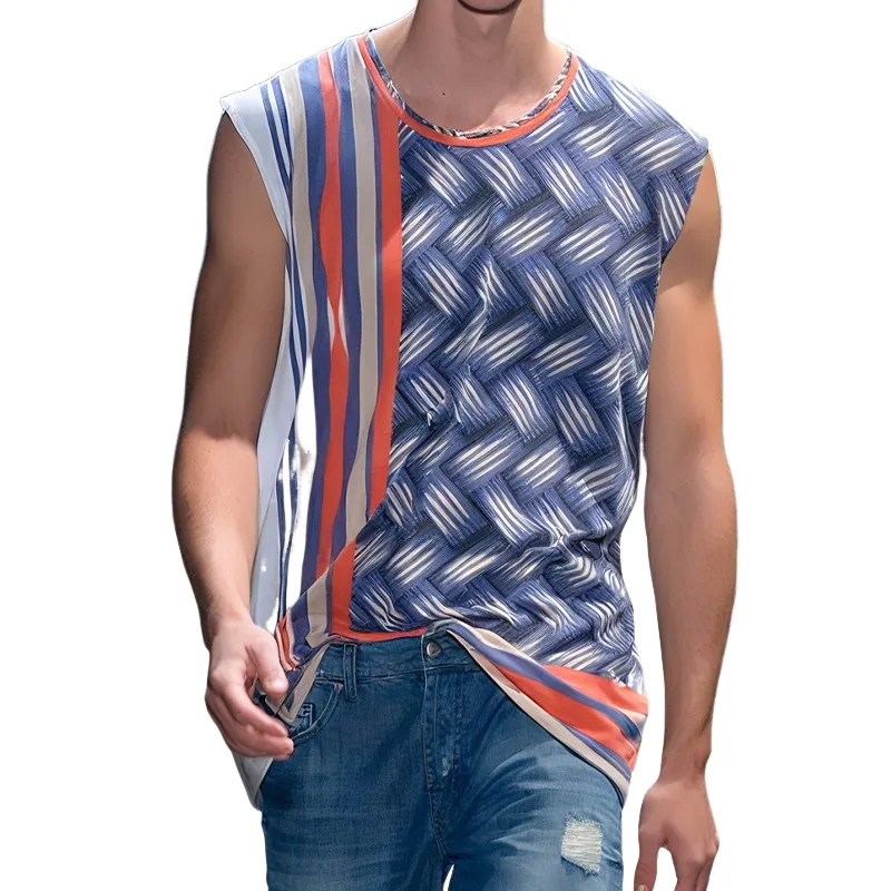 Men's Spring And Summer Fashion Casual Chiffon Printed Round Neck Tank Top MTA0407G7K sold by Manly