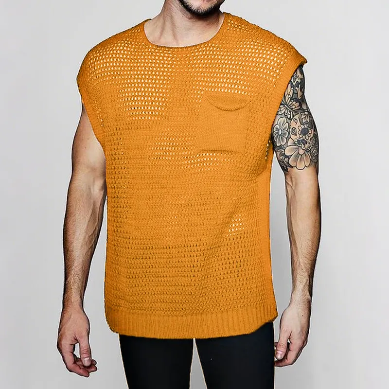 Men's Spring And Summer Fashion Casual Hollow Knitted Round Neck Pocket Tank Top MTA0444G2K sold by Manly product image thumbnail 3