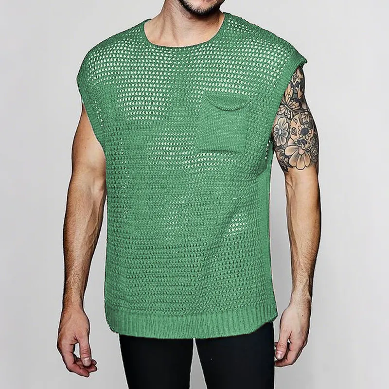 Men's Spring And Summer Fashion Casual Hollow Knitted Round Neck Pocket Tank Top MTA0444G2K sold by Manly product image thumbnail 2