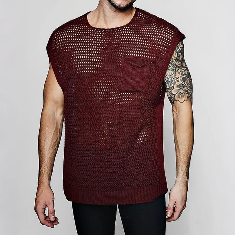 Men's Spring And Summer Fashion Casual Hollow Knitted Round Neck Pocket Tank Top MTA0444G2K sold by Manly product image thumbnail 5