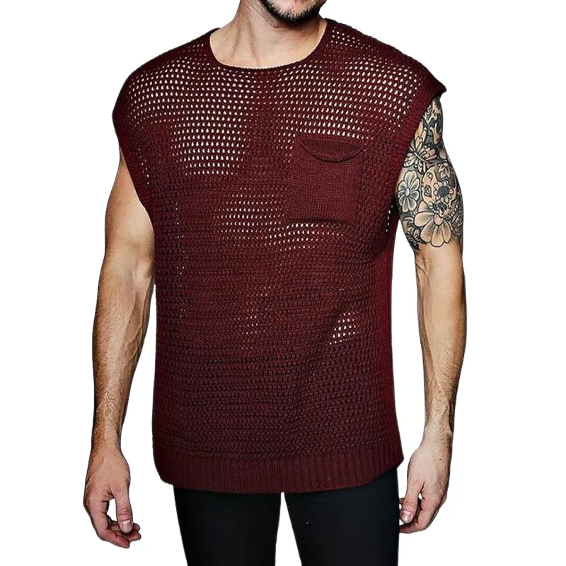 Men's Spring And Summer Fashion Casual Hollow Knitted Round Neck Pocket Tank Top MTA0444G2K sold by Manly