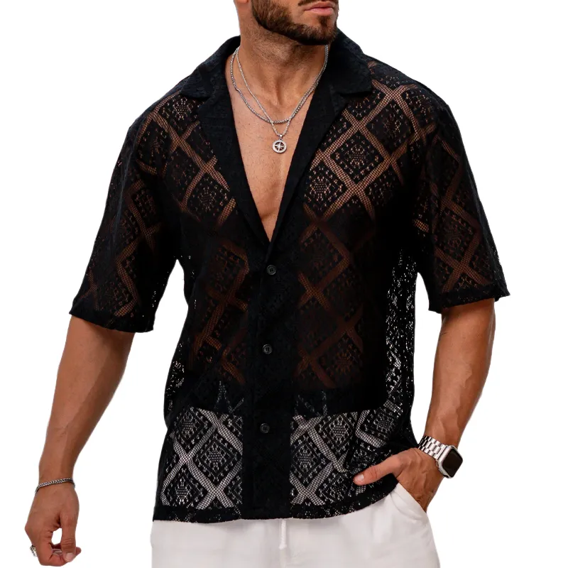 Men's Spring And Summer Fashion Casual Lace Slightly Transparent Sexy Short-sleeved Shirt MTA0445G9K sold by Manly