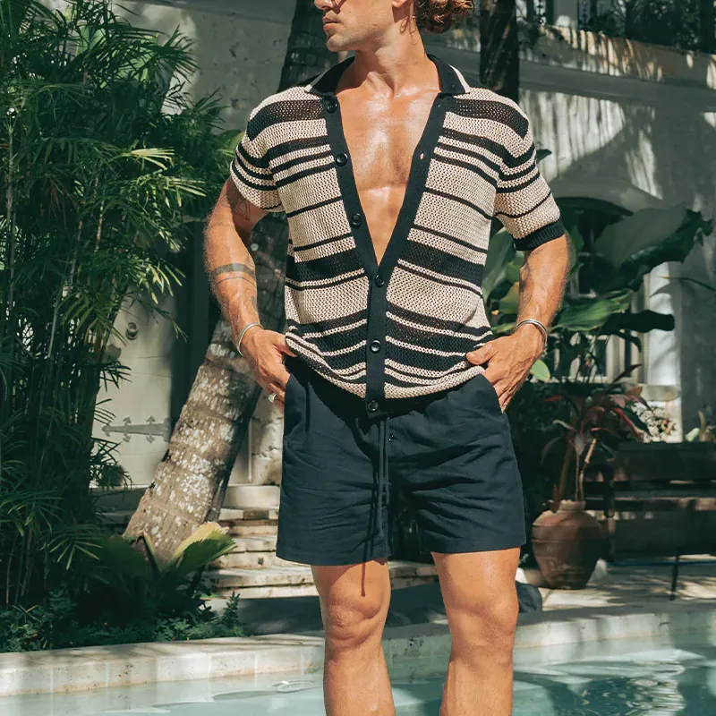 Men's Spring And Summer Fashion Casual Hollow Horizontal Striped Knitted Short-sleeved Shirt MTA0457G3K sold by Manly product image thumbnail 4