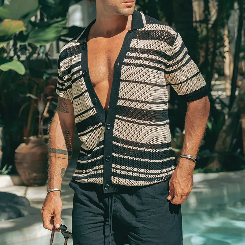 Men's Spring And Summer Fashion Casual Hollow Horizontal Striped Knitted Short-sleeved Shirt MTA0457G3K sold by Manly product image thumbnail 2