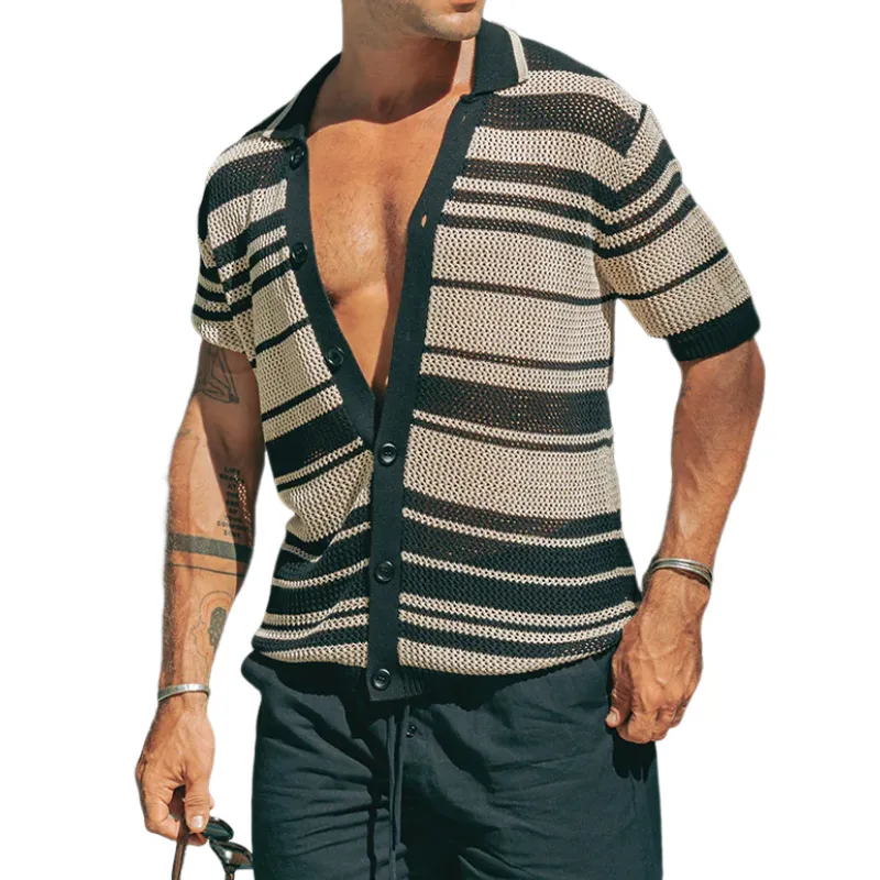 Men's Spring And Summer Fashion Casual Hollow Horizontal Striped Knitted Short-sleeved Shirt MTA0457G3K sold by Manly