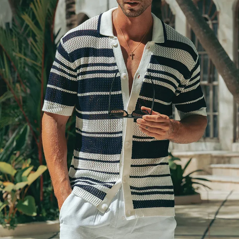 Men's Spring And Summer Fashion Casual Hollow Horizontal Striped Knitted Short-sleeved Shirt MTA0457G3K sold by Manly product image thumbnail 3