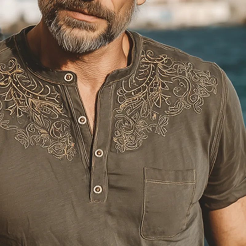 Men's Summer Henley Collar Embroidered Short Sleeve T-Shirt MTA0466G2U sold by Manly product image thumbnail 4