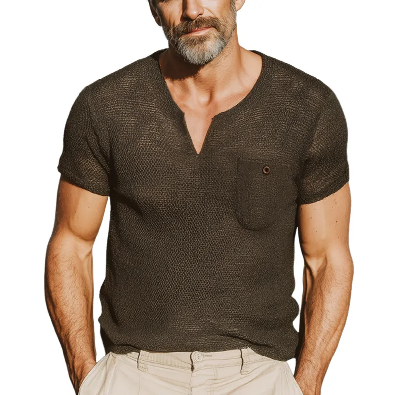 Men's Summer Classic Solid Color Knitted V-neck Short-sleeved T-shirt MTA0414G8U sold by Manly