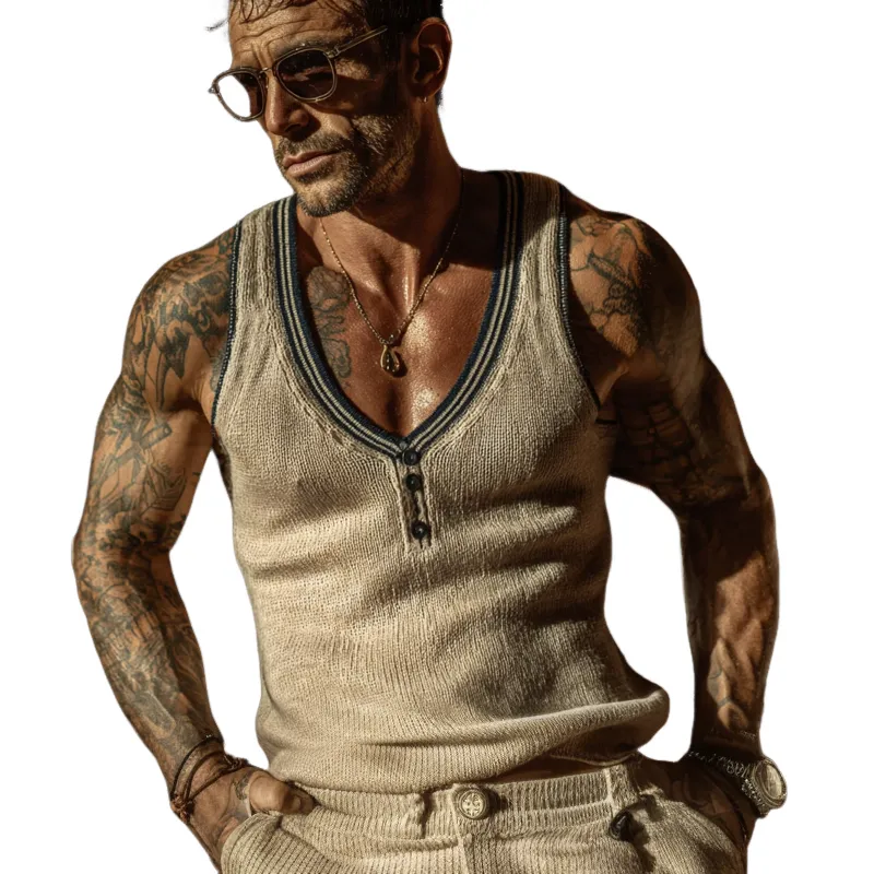 Men's Contrast Knit Button Pullover Tank Top MTA0492G5X sold by Manly