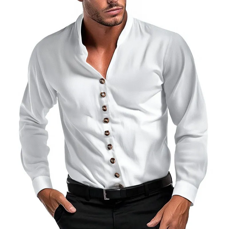 Men's Cotton Stand Collar Single Breasted Long Sleeve Shirt MTA0463G1X sold by Manly