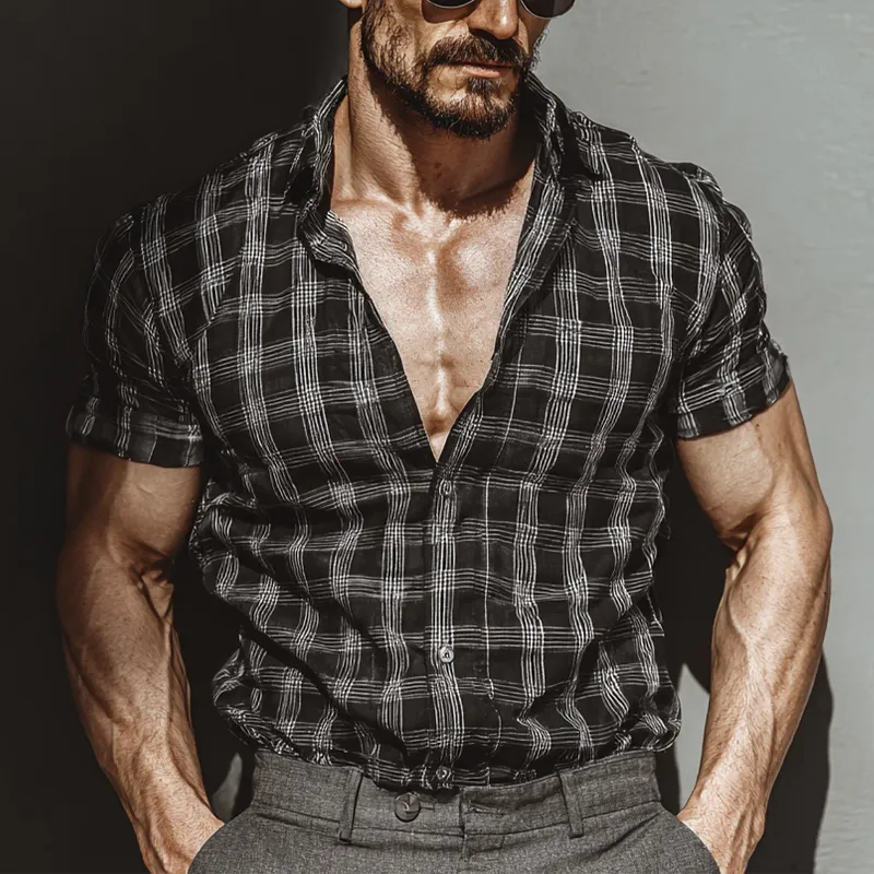 Men's Check Print Lapel Short Sleeve Shirt MTA0490G2X sold by Manly product image thumbnail 3