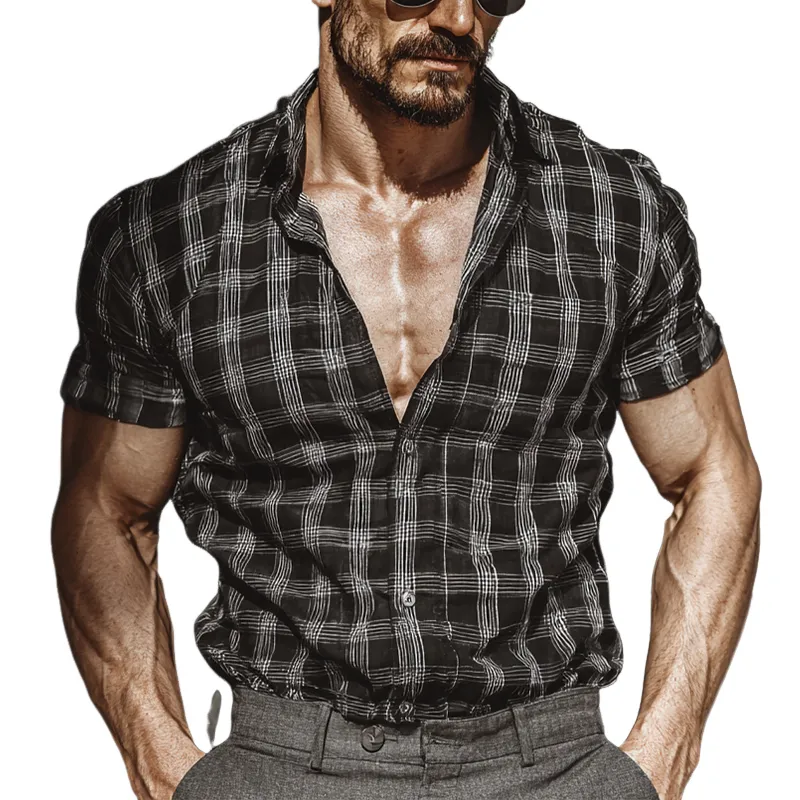 Men's Check Print Lapel Short Sleeve Shirt MTA0490G2X sold by Manly