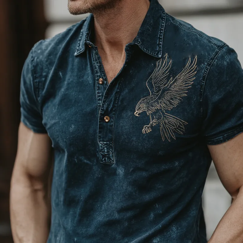 Men's Bald Eagle Embroidered Short Sleeve Denim Polo Shirt MTA0477G7X sold by Manly product image thumbnail 3