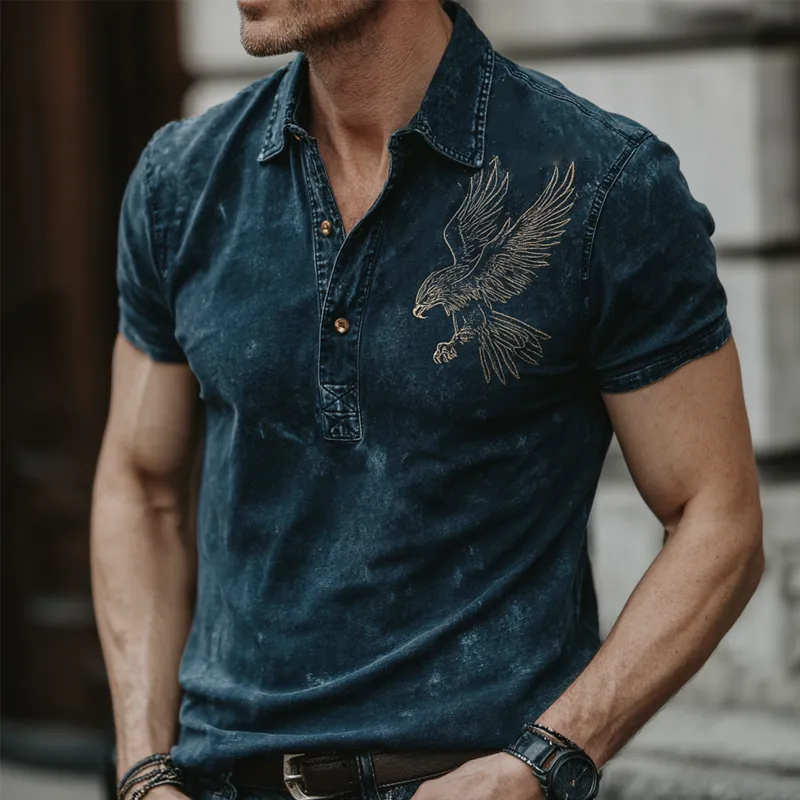 Men's Bald Eagle Embroidered Short Sleeve Denim Polo Shirt MTA0477G7X sold by Manly product image thumbnail 2