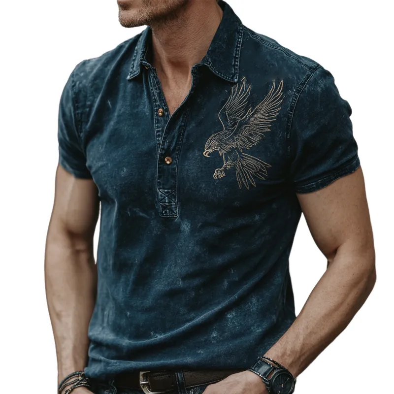 Men's Bald Eagle Embroidered Short Sleeve Denim Polo Shirt MTA0477G7X sold by Manly