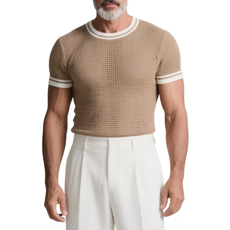 Men's Slim Fit Colorblocked Round Neck Short Sleeve Knitted T-Shirt MTA0104G7Y sold by Manly