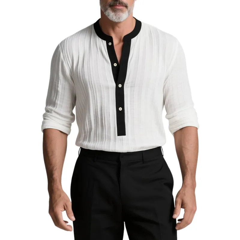 Men's Colorblock Henley Collar Textured Fabric Long Sleeve Shirt MTA0185G8Y sold by Manly