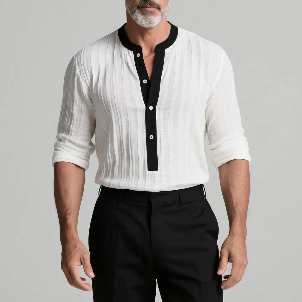 Men's Colorblock Henley Collar Textured Fabric Long Sleeve Shirt MTA0185G8Y sold by Manly product image thumbnail 4