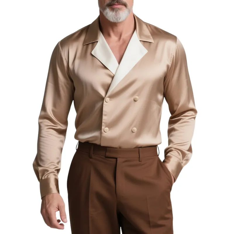 Men's Colorblock Satin Lapel Double Breasted Long Sleeve Shirt MTA0128G9Y sold by Manly