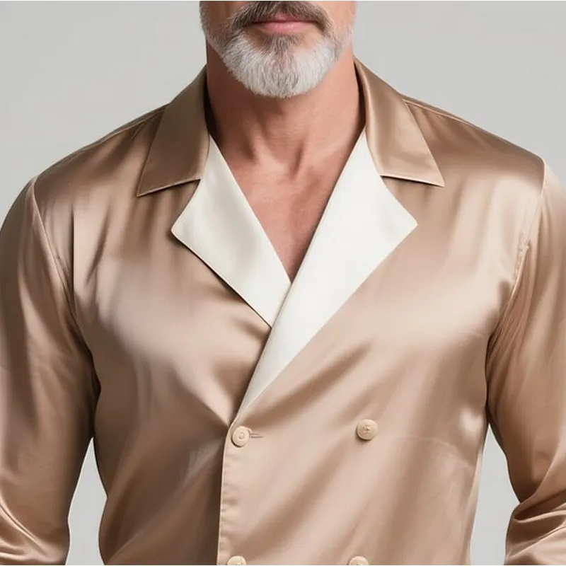 Men's Colorblock Satin Lapel Double Breasted Long Sleeve Shirt MTA0128G9Y sold by Manly product image thumbnail 2