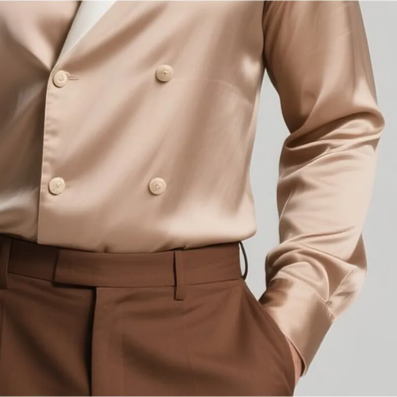 Men's Colorblock Satin Lapel Double Breasted Long Sleeve Shirt MTA0128G9Y sold by Manly product image thumbnail 3