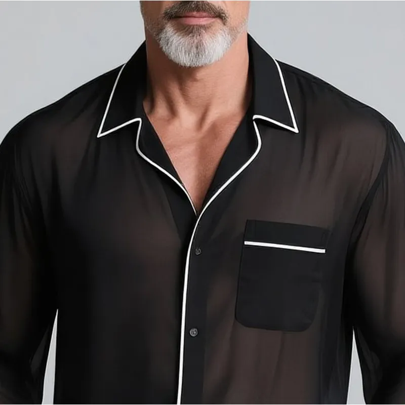 Men's Black Chiffon White Trim Lapel Single-breasted Long-sleeved Shirt MTA0189G2Y sold by Manly product image thumbnail 2