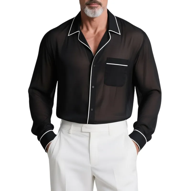 Men's Black Chiffon White Trim Lapel Single-breasted Long-sleeved Shirt MTA0189G2Y sold by Manly