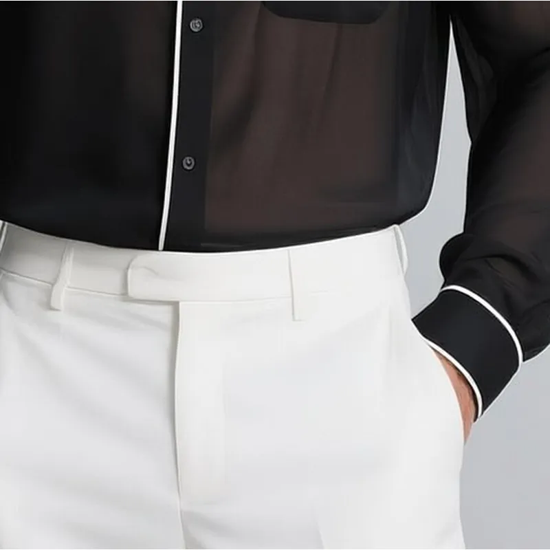 Men's Black Chiffon White Trim Lapel Single-breasted Long-sleeved Shirt MTA0189G2Y sold by Manly product image thumbnail 3