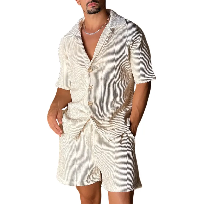Men's Solid Color Striped Texture Short-sleeved Shorts Two-piece Set MTA0707G2X sold by Manly