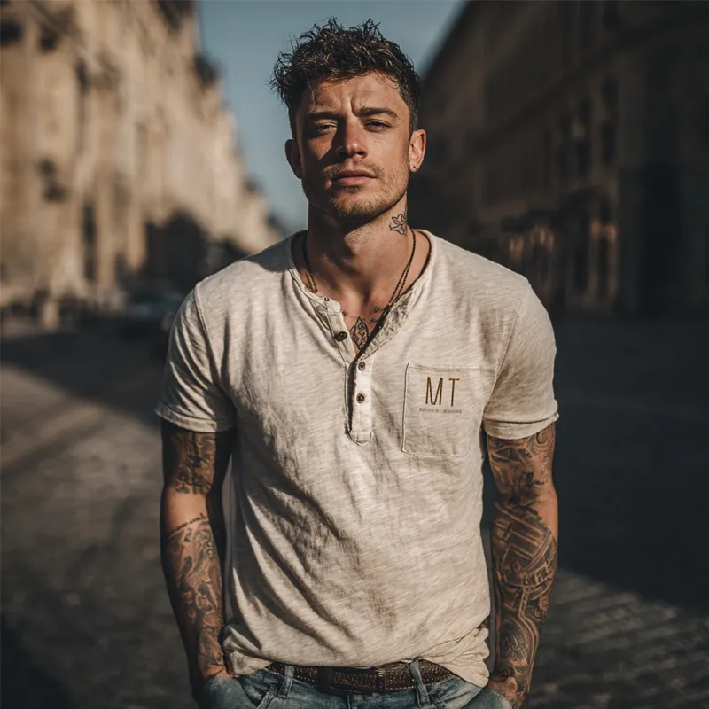 Men's Casual Letter Printed Henley Neck Short Sleeve T-Shirt MTA0792G9X sold by Manly product image thumbnail 4