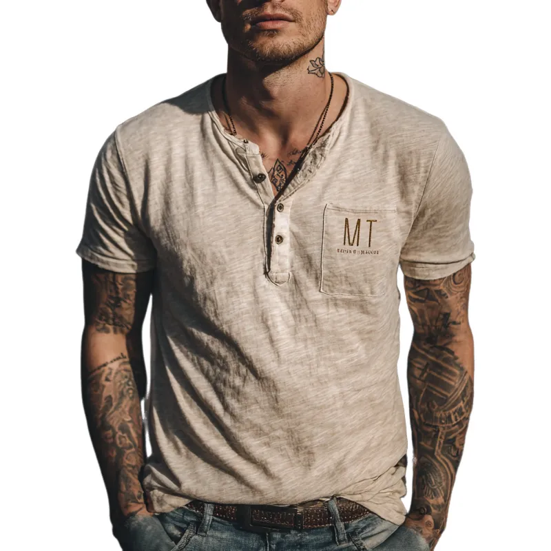 Men's Casual Letter Printed Henley Neck Short Sleeve T-Shirt MTA0792G9X sold by Manly