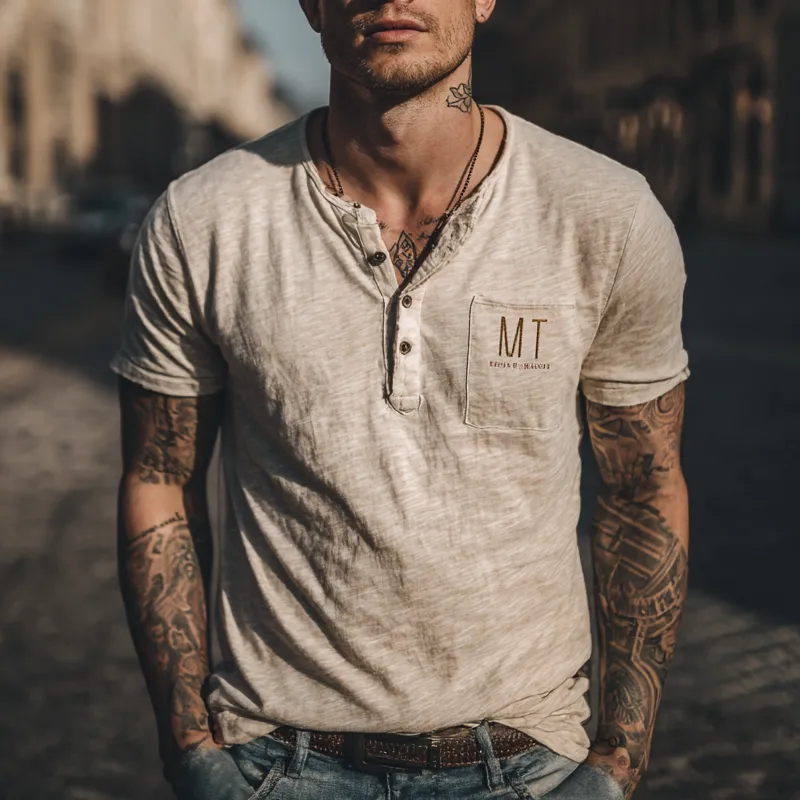 Men's Casual Letter Printed Henley Neck Short Sleeve T-Shirt MTA0792G9X sold by Manly product image thumbnail 2