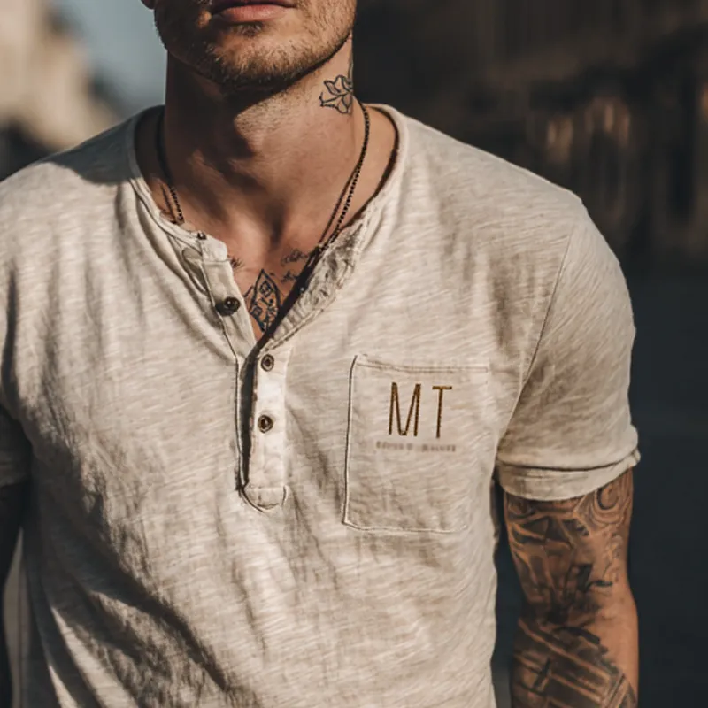 Men's Casual Letter Printed Henley Neck Short Sleeve T-Shirt MTA0792G9X sold by Manly product image thumbnail 3
