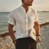 Men's Casual Breathable Linen Stand Collar Patch Pocket Slim Fit Short Sleeve Shirt MTA0705G4M sold by Manly