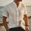 Men's Casual Breathable Linen Stand Collar Patch Pocket Slim Fit Short Sleeve Shirt MTA0705G4M sold by Manly