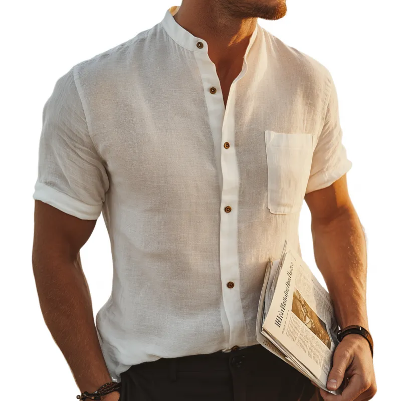 Men's Casual Breathable Linen Stand Collar Patch Pocket Slim Fit Short Sleeve Shirt MTA0705G4M sold by Manly