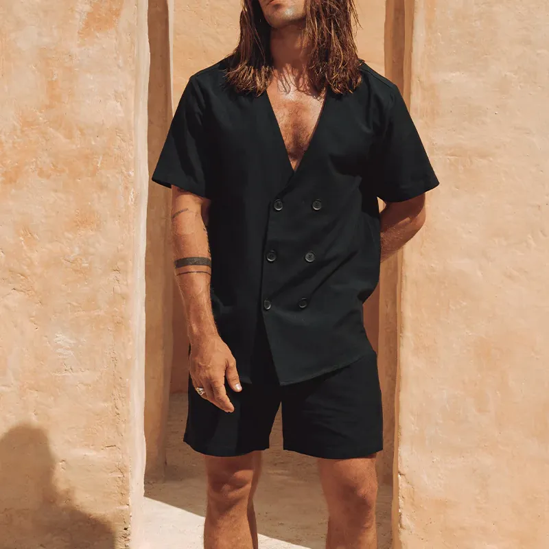 Men's Spring And Summer Fashion Casual Chiffon V-neck Double-breasted Short-sleeved Shirt MTA0758G3K sold by Manly product image thumbnail 3