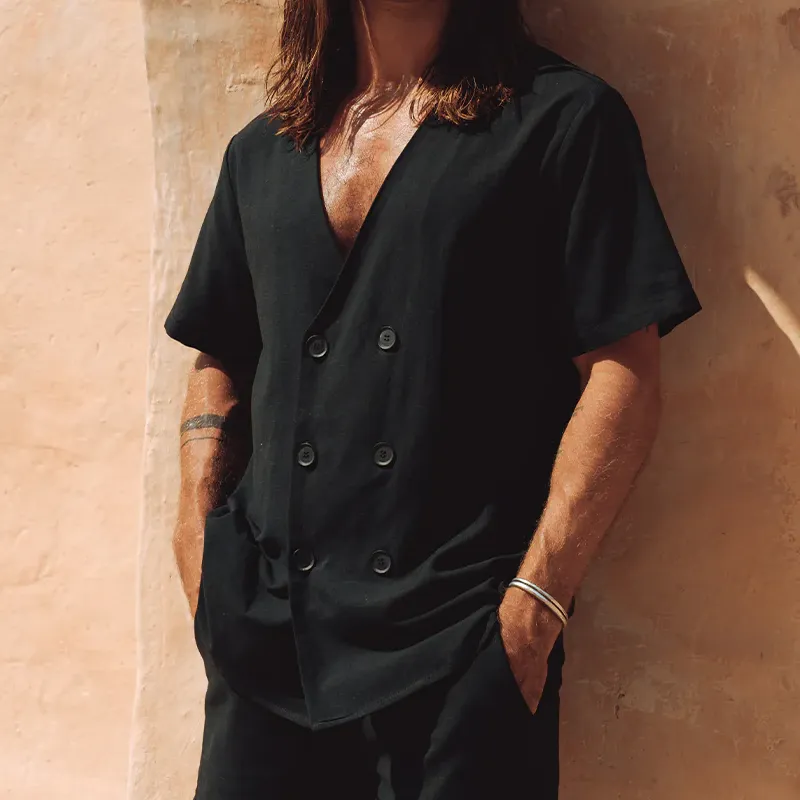 Men's Spring And Summer Fashion Casual Chiffon V-neck Double-breasted Short-sleeved Shirt MTA0758G3K sold by Manly product image thumbnail 2